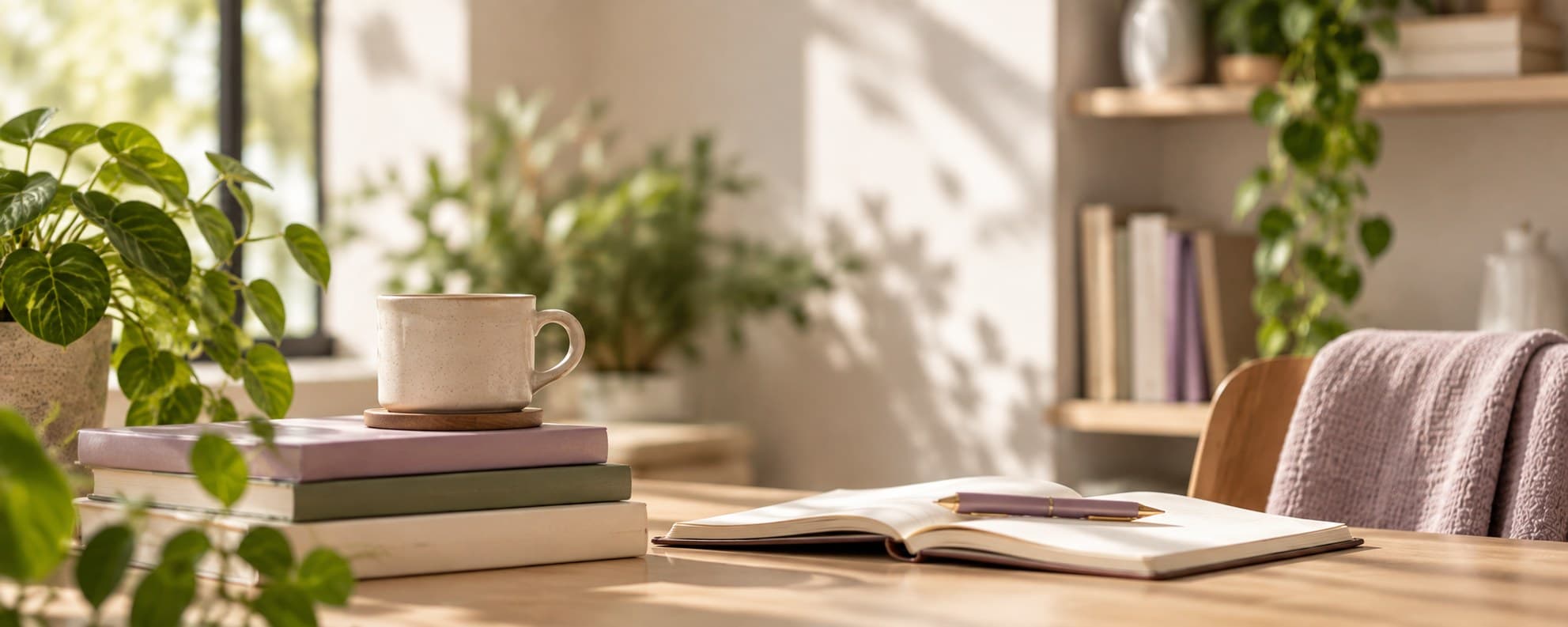 A sunlit desk with a stack of books, a speckled ceramic mug on a wooden coaster, an open journal with a pen, and trailing houseplants in a warm, plant-filled room