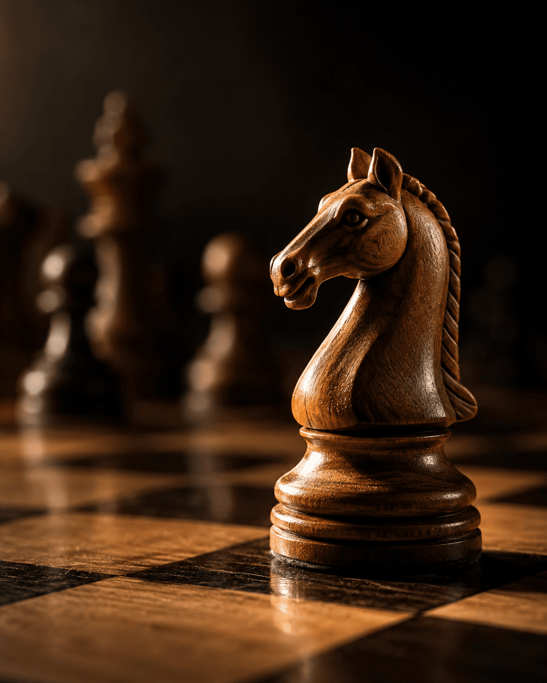 A carved wooden chess knight in dramatic light, symbolizing strategic thinking