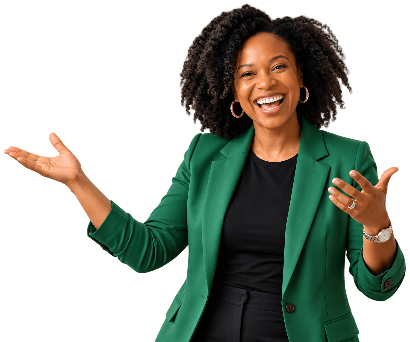 Cyrkle B. Brent, founder of The Beautifully Human Educator, laughing and gesturing warmly in a green blazer