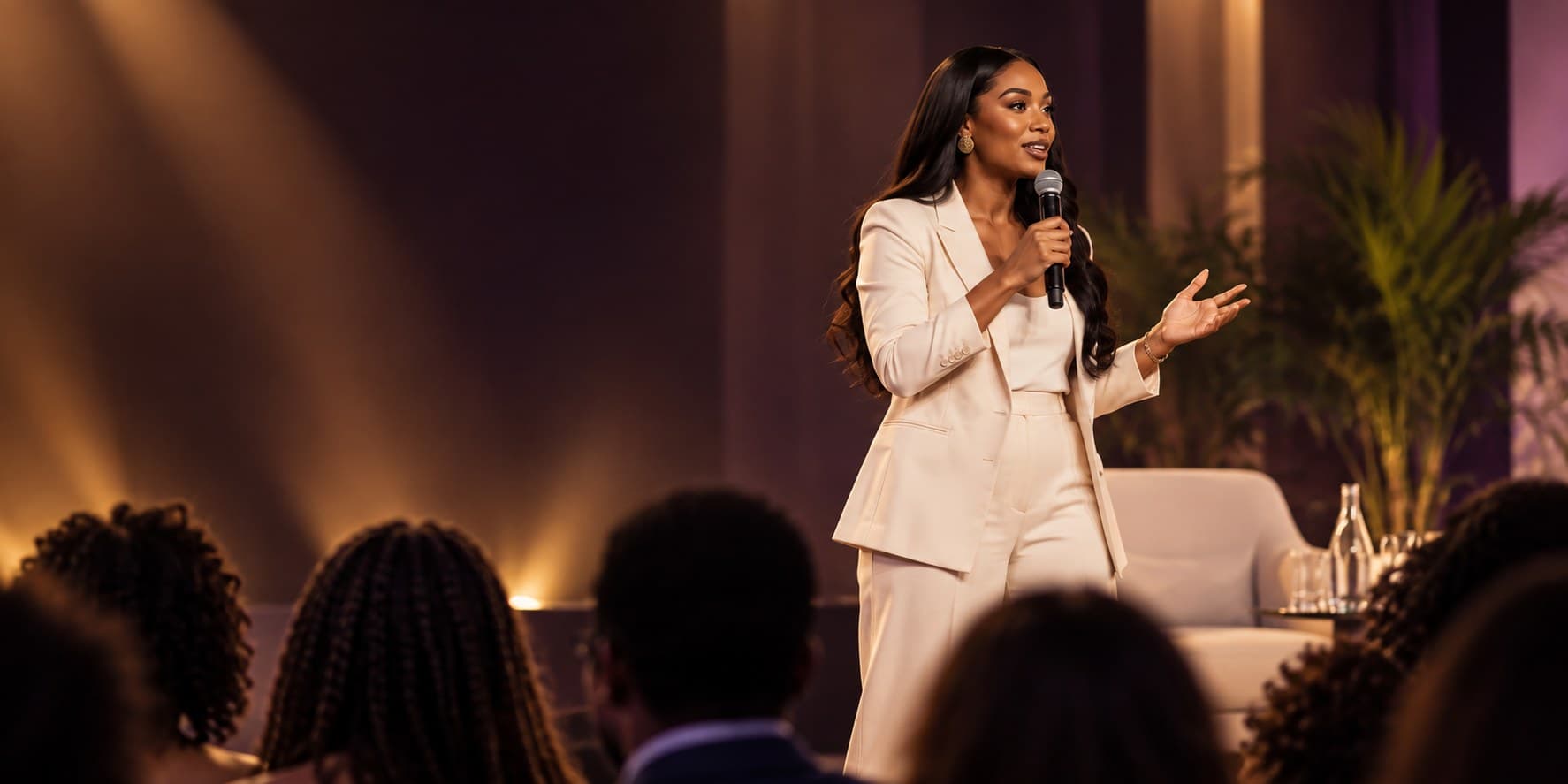 A speaker in a cream suit addresses a conference audience from the stage, gesturing mid-sentence with a microphone in hand