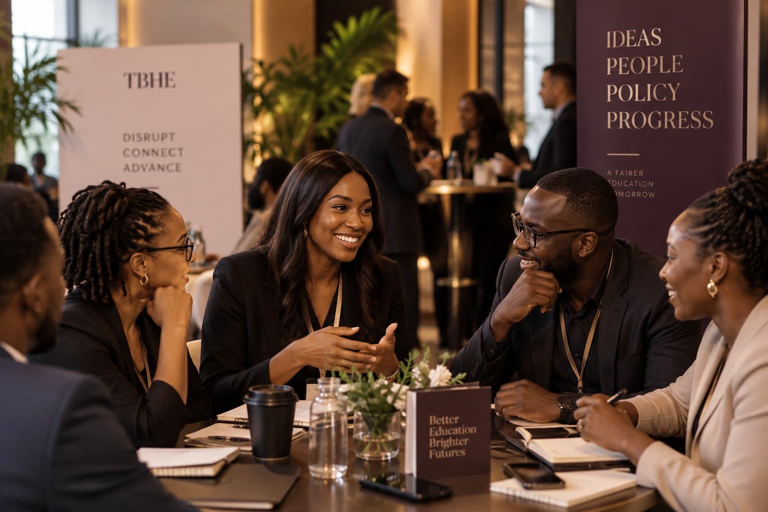 A small group of educators laughing and talking around a table at a Disrupt & Connect gathering, notebooks and coffee in hand, with 'Ideas People Policy Progress' and 'Better Education Brighter Futures' signage in the background