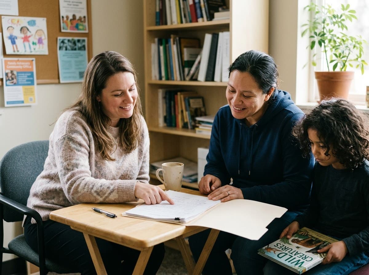 A family advocate and a mother reviewing an IEP document together at a table while her son reads a book beside them, in a warm office with a bookshelf and community resources pinned to a corkboard