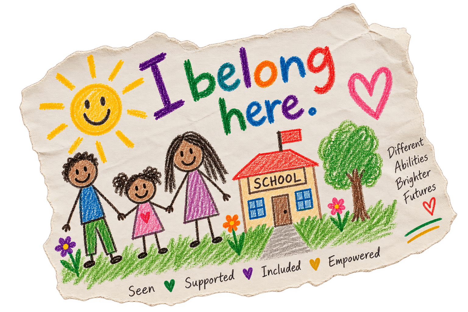A child's crayon drawing titled 'I belong here,' showing a family holding hands beside a school under a smiling sun, with the words Seen, Supported, Included, and Empowered along the bottom
