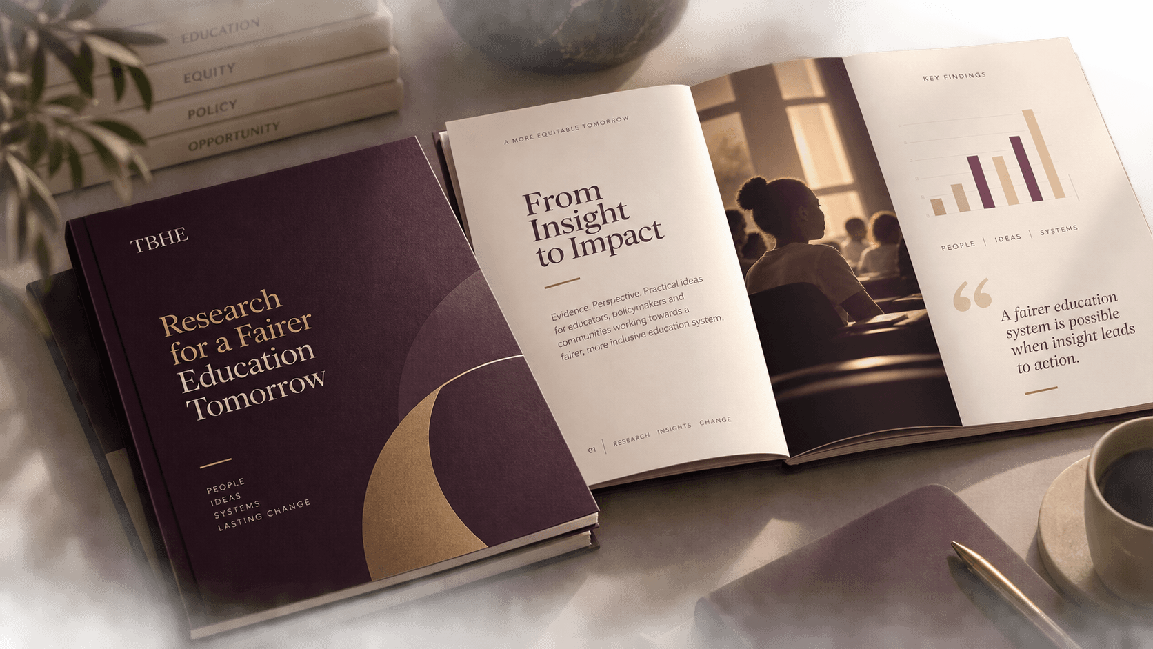 A TBHE research publication, 'Research for a Fairer Education Tomorrow,' open to a spread titled 'From Insight to Impact' beside a classroom photograph and key findings chart, on a desk with a stack of books labeled Education, Equity, Policy, and Opportunity